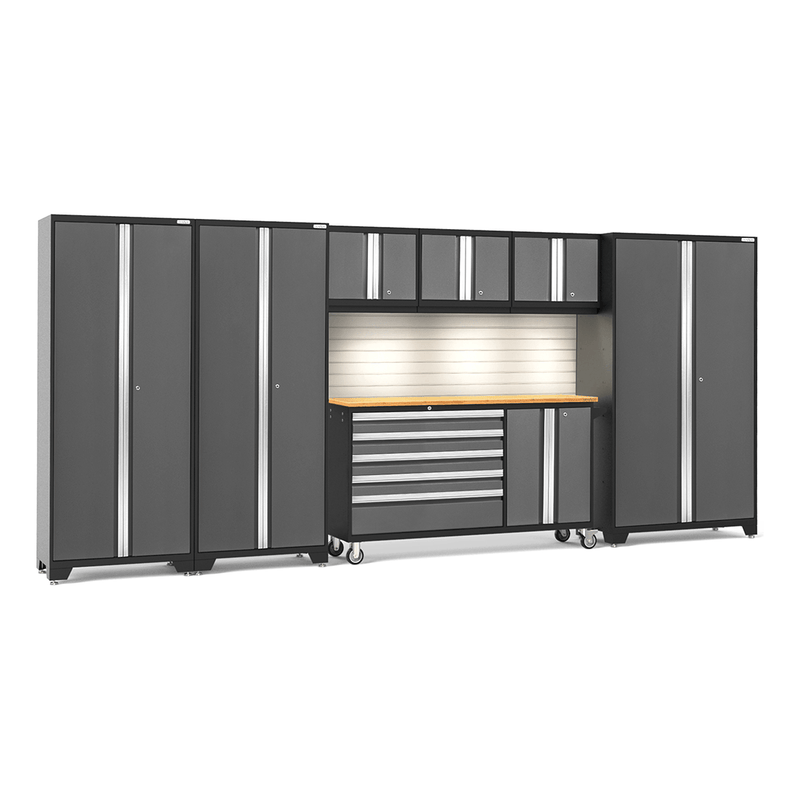 NewAge Products Bold Grey 8-Piece Garage Cabinet System with Bamboo Worktop, LED Lights and Steel Slatwall Backsplash
