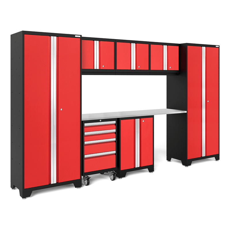 NewAge Products Bold Red 8-Piece Garage Cabinet System with Stainless Steel Worktop