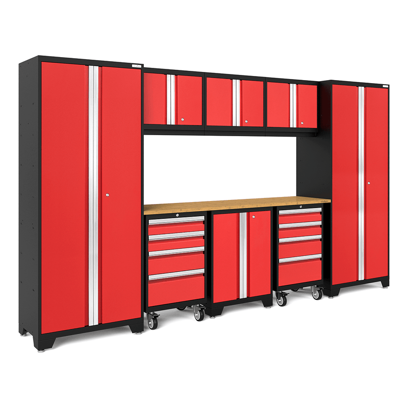 NewAge Products Bold Red 9-Piece Garage Cabinet Set with Bamboo Worktop