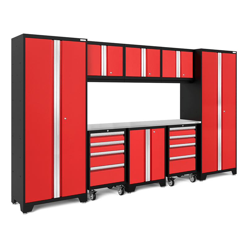 NewAge Products Bold Red 9-Piece Garage Cabinet Set with Stainless Steel Worktop