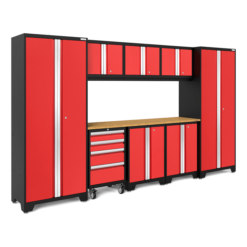 NewAge Products Bold Red 9-Piece Garage Cabinet System with Bamboo Worktop
