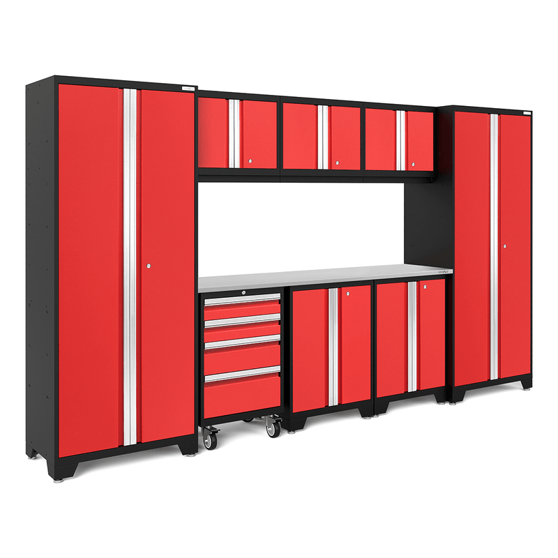 NewAge Products Bold Red 9-Piece Garage Cabinet System with Stainless Steel Worktop