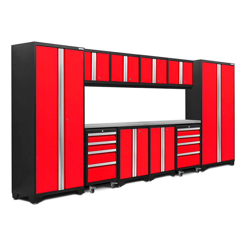 NewAge Products Bold Red 12-Piece Garage Cabinet System with Stainless Steel Worktops