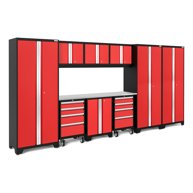 NewAge Products Bold Red 10-Piece Garage Cabinet System with Stainless Steel Worktop