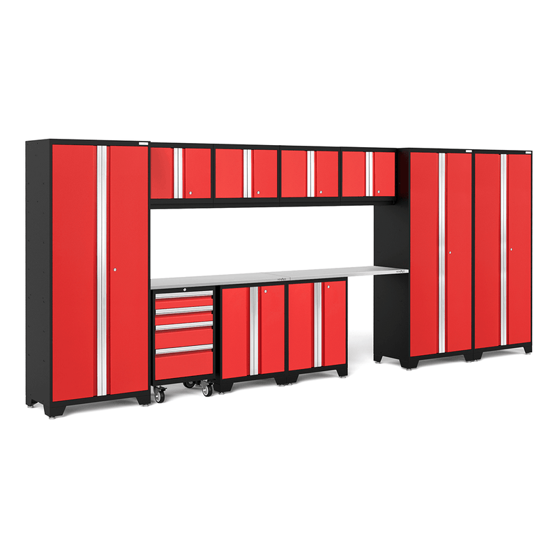 NewAge Products Bold Red 12-Piece Garage Cabinet Set with Stainless Steel Worktops
