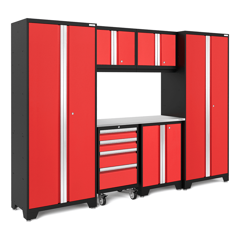 NewAge Products Bold Red 7-Piece Garage Cabinet System with Stainless Steel Worktop