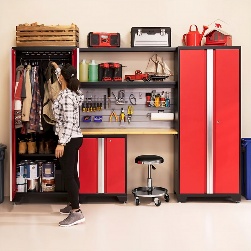NewAge Products Bold Red 7-Piece Garage Cabinet System with Bamboo Worktop