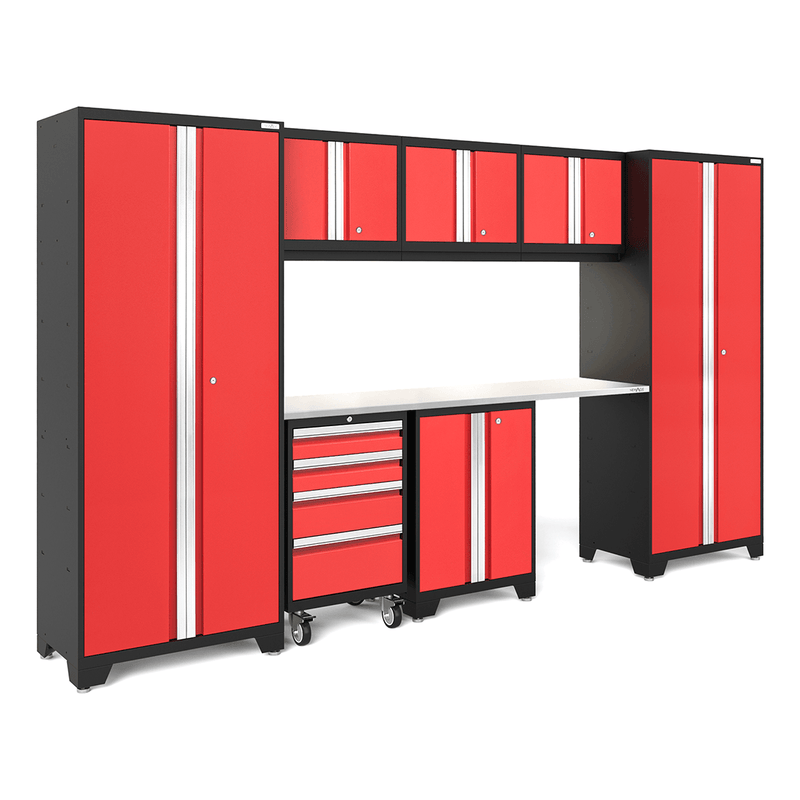 NewAge Products Bold Red 8-Piece Garage Storage Cabinet System with Stainless Steel Worktop and LED Lights