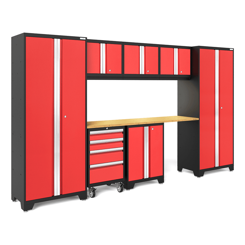 NewAge Products Bold Red 8-Piece Garage Storage Cabinet System with Bamboo Worktop and LED Lights