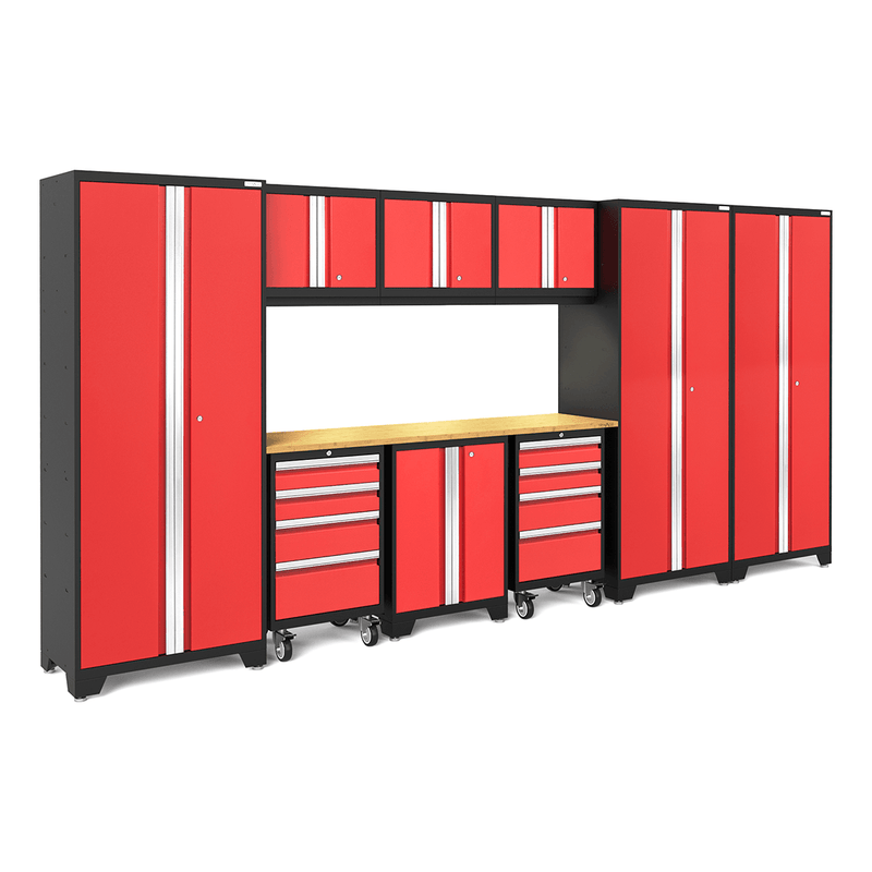 NewAge Products Bold Red 10-Piece Garage Cabinet Set with Bamboo Worktop and LED Lights
