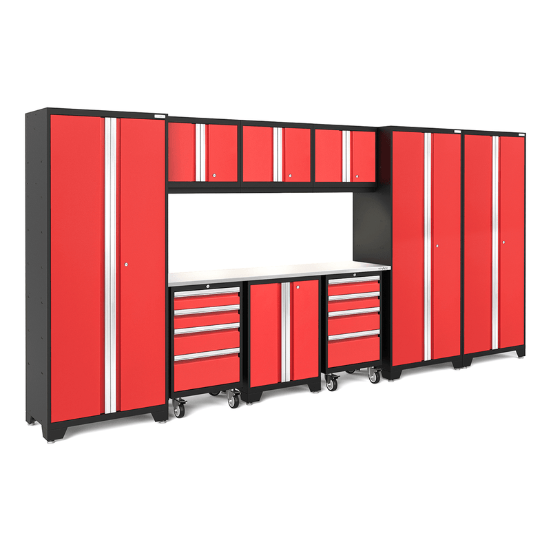 NewAge Products Bold Red 10-Piece Garage Cabinet Set with Stainless Steel Worktop and LED Lights