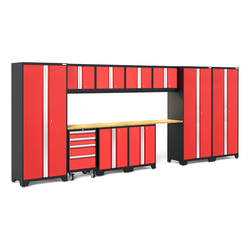 NewAge Products Bold Red 12-Piece Garage Cabinet Setup with Bamboo Worktops and LED Lights