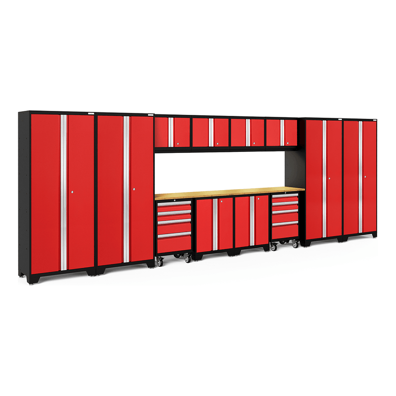 NewAge Products Bold Red 14-Piece Garage Cabinet System with Bamboo Worktops and LED Lights