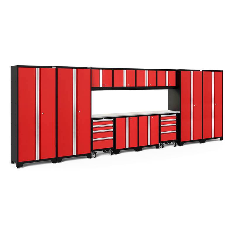 NewAge Products Bold Red 14-Piece Garage Cabinet System with Stainless Steel Worktops and LED Lights