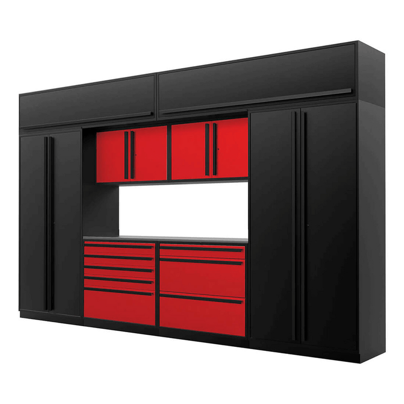 Proslat Special Edition Red and Black 9-Piece Garage Cabinet Set with Stainless Steel Countertop