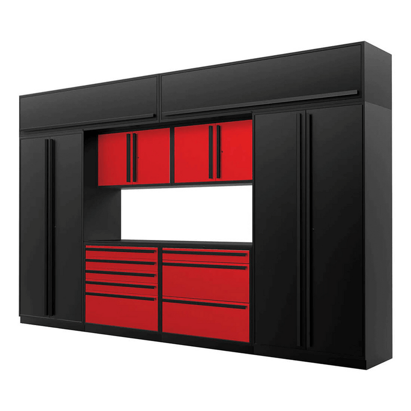 Proslat Special Edition Red and Black 9-Piece Garage Cabinet Set with Powder Coated Countertop