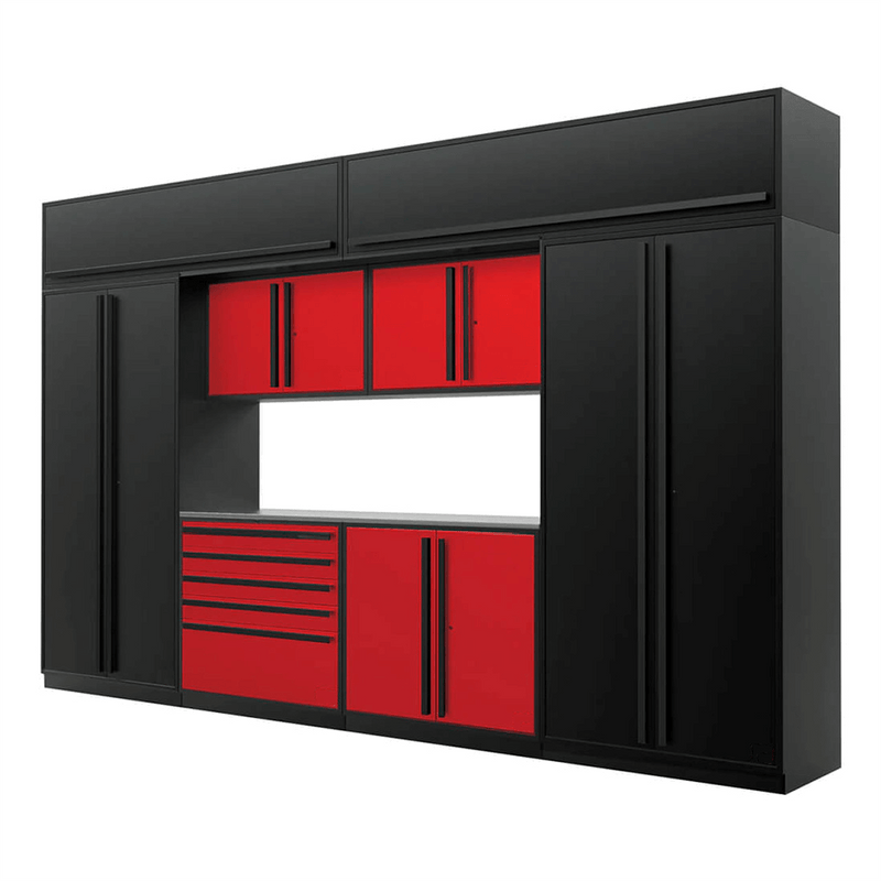 Proslat Special Edition Red and Black 9-Piece Garage Cabinet System with Stainless Steel Countertop