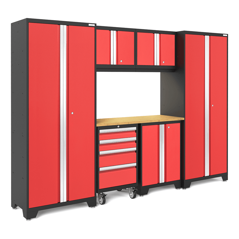 NewAge Products Bold Red 7-Piece Garage Storage Cabinet System with Bamboo Worktop and LED Lights