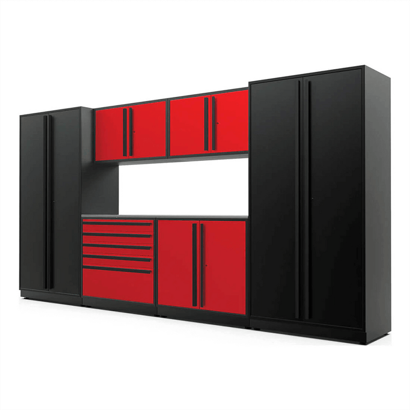 Proslat Special Edition Red and Black 7-Piece Garage Cabinet System with Stainless Steel Countertop