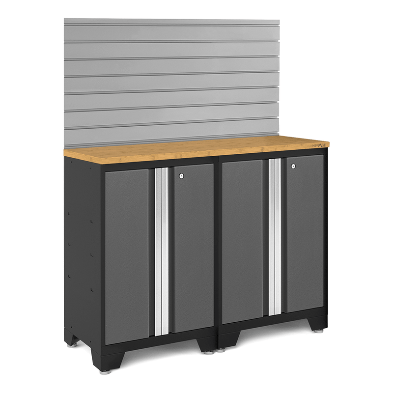 NewAge Products Bold Grey 3-Piece Garage Storage Cabinet System with Bamboo Worktop and Steel Slatwall Backsplash