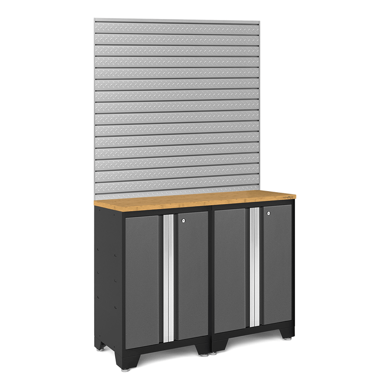 NewAge Products Bold Grey 3-Piece Garage Cabinet Set with Bamboo Worktop and 16 Sq. Ft. Steel Slatwall