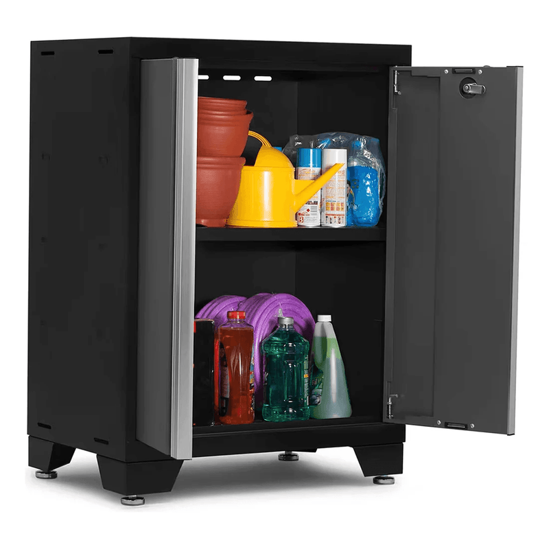 NewAge Products Bold Grey 3-Piece Garage Cabinet Set with Bamboo Worktop and 16 Sq. Ft. Steel Slatwall