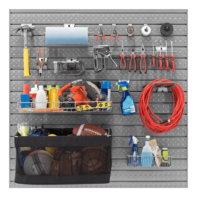 NewAge Products Bold Grey 3-Piece Garage Cabinet Set with Bamboo Worktop and 16 Sq. Ft. Steel Slatwall