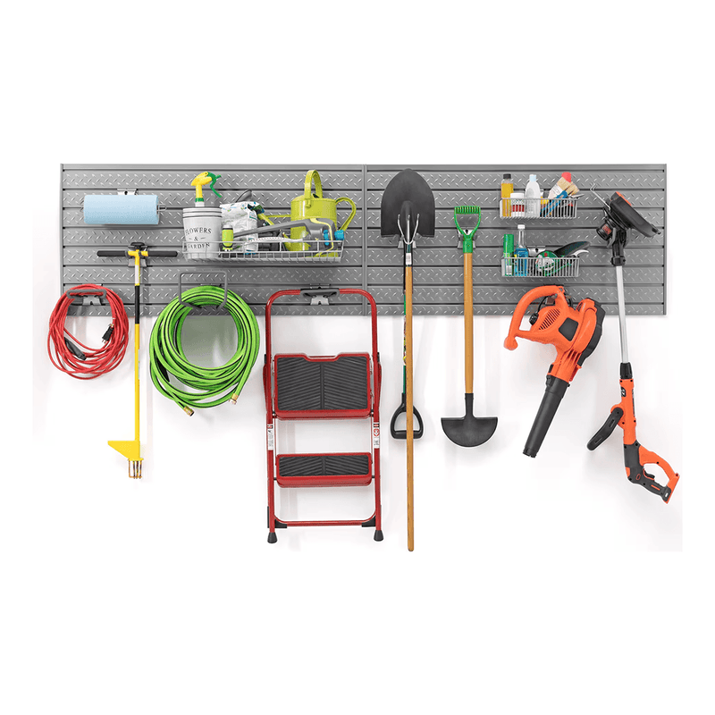 NewAge Products Bold Grey 3-Piece Garage Cabinet Set with Bamboo Worktop and 16 Sq. Ft. Steel Slatwall