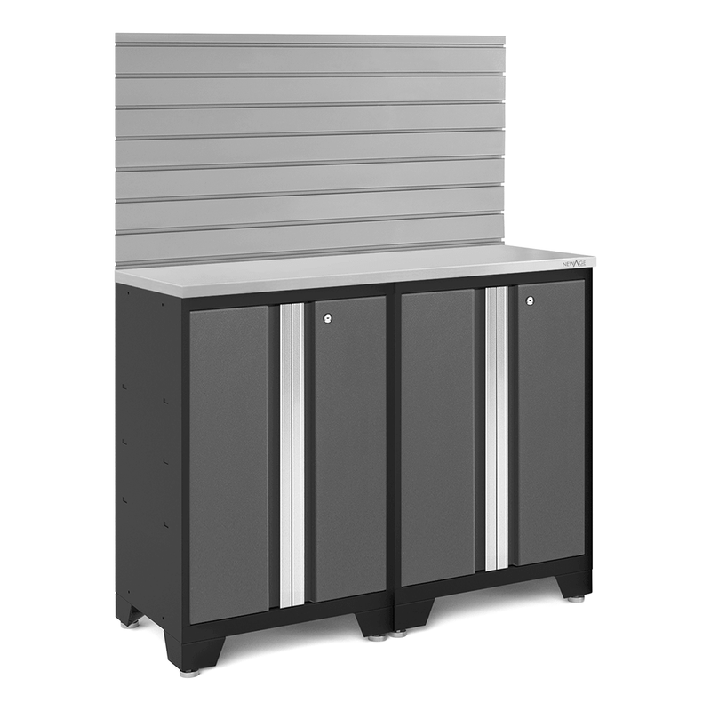 NewAge Products Bold Grey 3-Piece Garage Storage Cabinet System with Stainless Steel Worktop and Steel Slatwall Backsplash