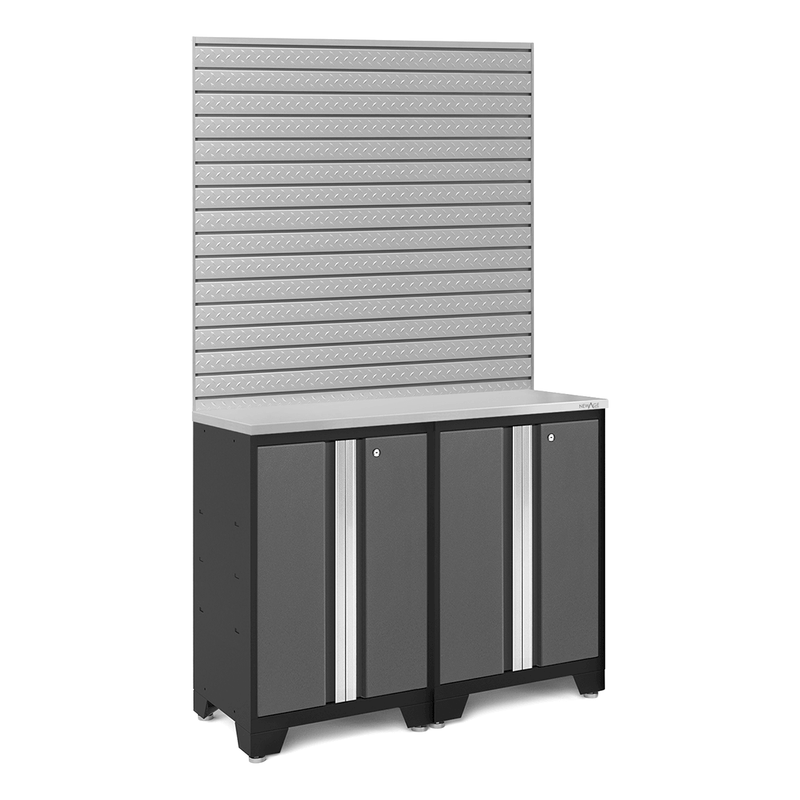 NewAge Products Bold Grey 3-Piece Garage Cabinet Set with Stainless Steel Worktop and 16 Sq. Ft. Steel Slatwall