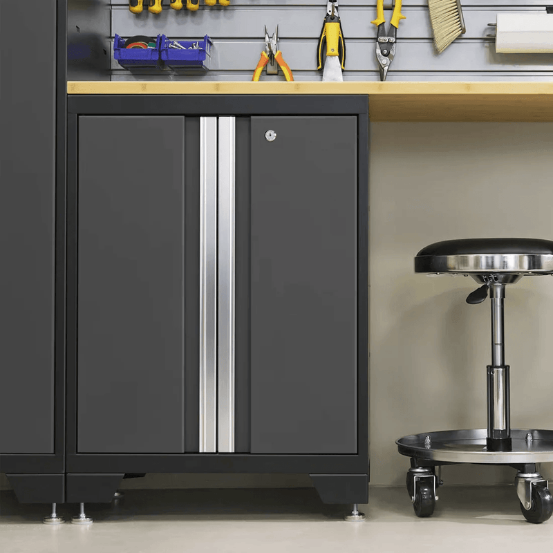 NewAge Products Bold Grey 3-Piece Garage Cabinet Set with Stainless Steel Worktop and 16 Sq. Ft. Steel Slatwall