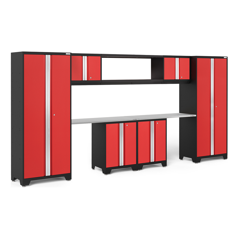 NewAge Products Bold Red 9-Piece Garage Cabinet System with Stainless Steel Worktops