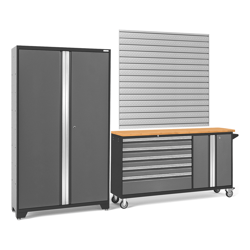 NewAge Products Bold Grey 3-Piece Garage Cabinet System with Bamboo Worktop and 16 Sq. Ft. Steel Slatwall