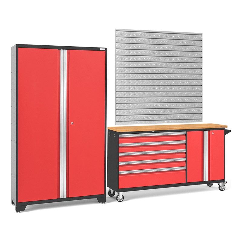 NewAge Products Bold Red 3-Piece Garage Cabinet System with Bamboo Worktop and 16 Sq. Ft. Steel Slatwall