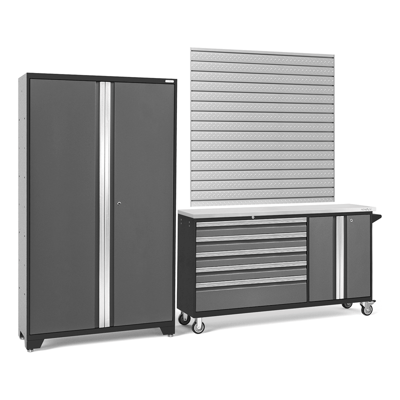 NewAge Products Bold Grey 3-Piece Garage Cabinet System with Stainless Steel Worktop and 16 Sq. Ft. Steel Slatwall