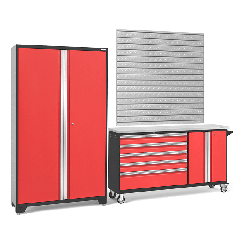 NewAge Products Bold Red 3-Piece Garage Cabinet System with Stainless Steel Worktop and 16 Sq. Ft. Steel Slatwall