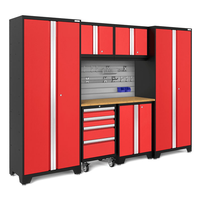 NewAge Products Bold Red 7-Piece Garage Storage Cabinet System with Bamboo Worktop, Steel Slatwall Backsplash and Hook Accessory Kit