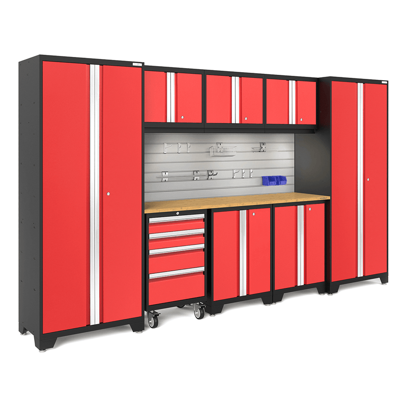 NewAge Products Bold Red 9-Piece Garage Cabinet Set with Bamboo Worktop, LED Lights, Steel Slatwall Backsplash and Hook Accessory Kit