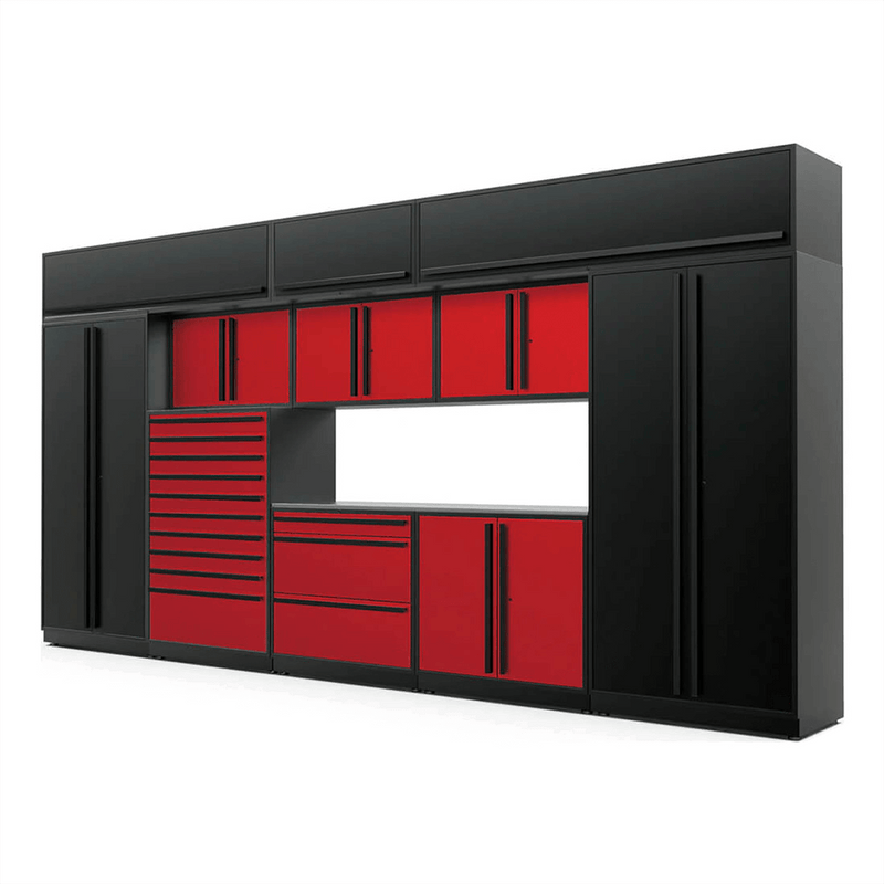 Proslat Special Edition Red and Black 12-Piece Garage Cabinet System with Stainless Steel Countertop