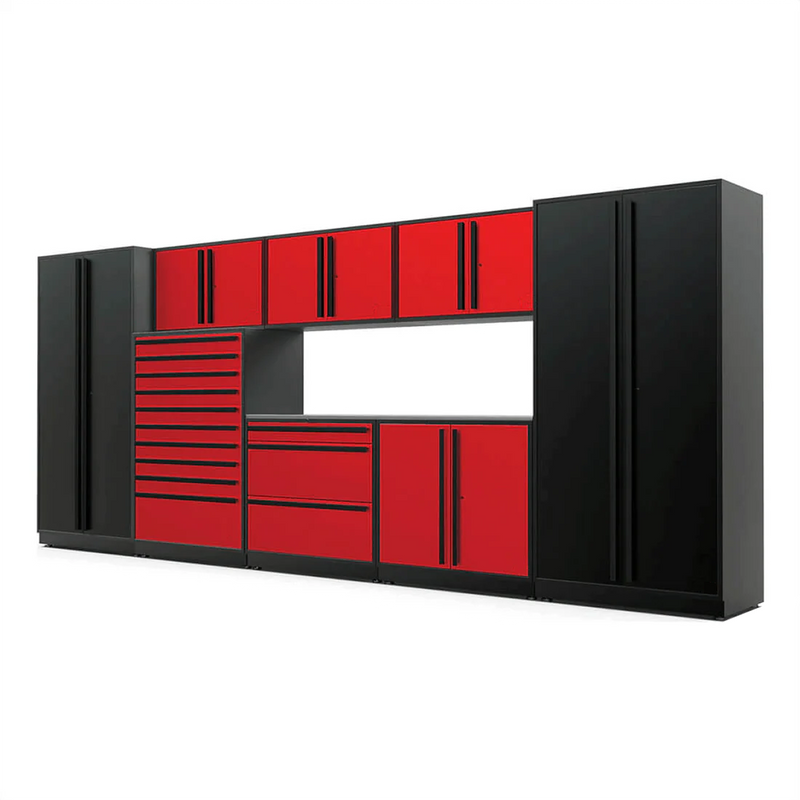 Proslat Special Edition Red and Black 9-Piece Garage Storage Cabinet System with Stainless Steel Countertop
