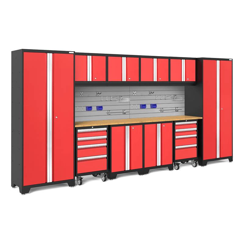 NewAge Products Bold Red 12-Piece Garage Cabinet Set with Bamboo Worktops, Steel Slatwall Backsplash and Hook Accessory Kit