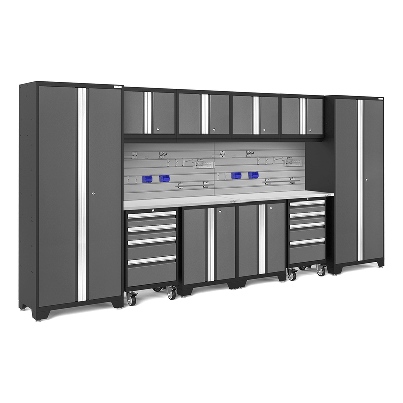 NewAge Products Bold Grey 12-Piece Garage Cabinet Set with Stainless Steel Worktops, Steel Slatwall Backsplash and Hook Accessory Kit