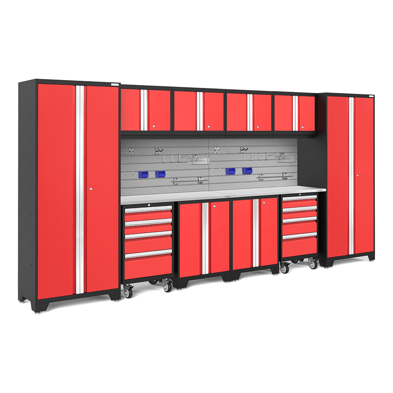 NewAge Products Bold Red 12-Piece Garage Cabinet Set with Stainless Steel Worktops, Steel Slatwall Backsplash and Hook Accessory Kit