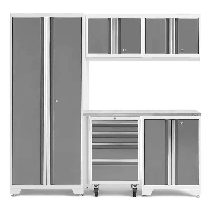 NewAge Products Bold Platinum 6-Piece Garage Cabinet System with Stainless Steel Worktop