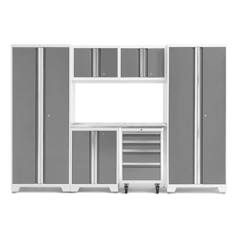 NewAge Products Bold Platinum 7-Piece Garage Cabinet System with Stainless Steel Worktop