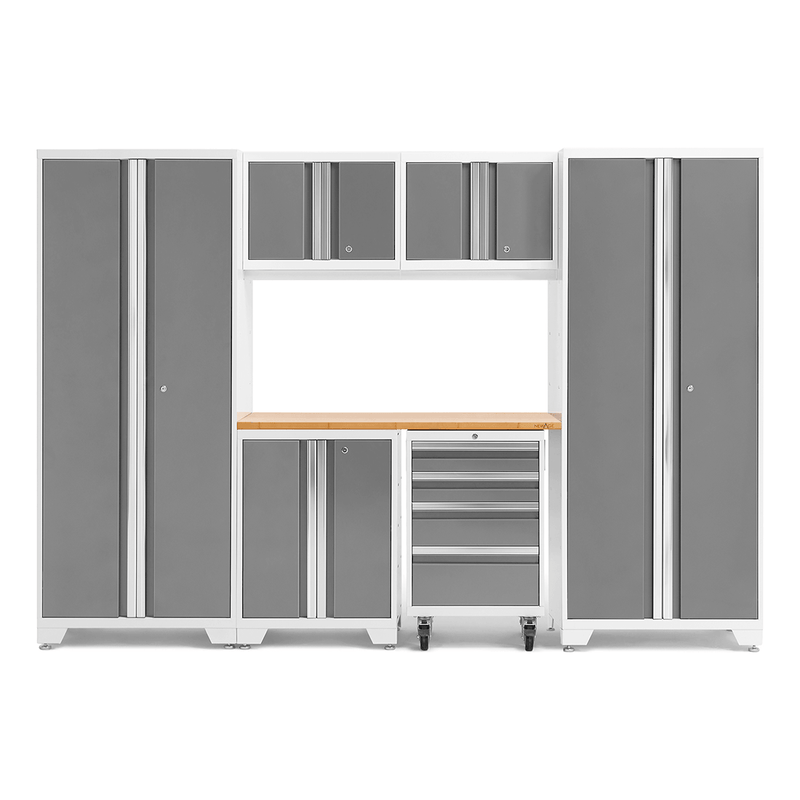 NewAge Products Bold Platinum 7-Piece Garage Cabinet System with Bamboo Worktop