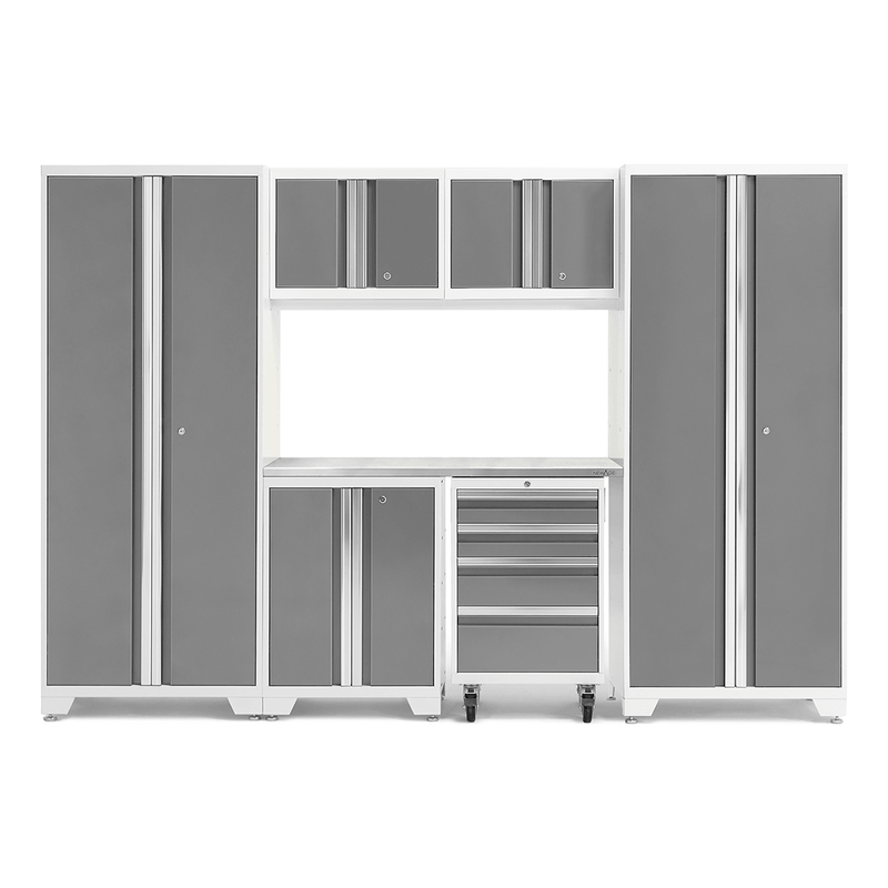 NewAge Products Bold Platinum 7-Piece Garage Storage Cabinet System with Stainless Steel Worktop and LED Lights