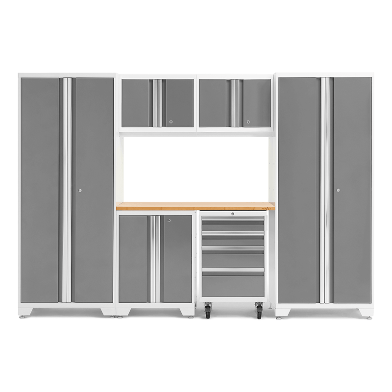 NewAge Products Bold Platinum 7-Piece Garage Storage Cabinet System with Bamboo Worktop and LED Lights
