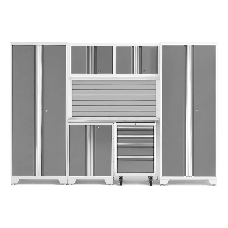NewAge Products Bold Platinum 7-Piece Garage Storage Cabinet System with Stainless Steel Worktop and Steel Slatwall Backsplash