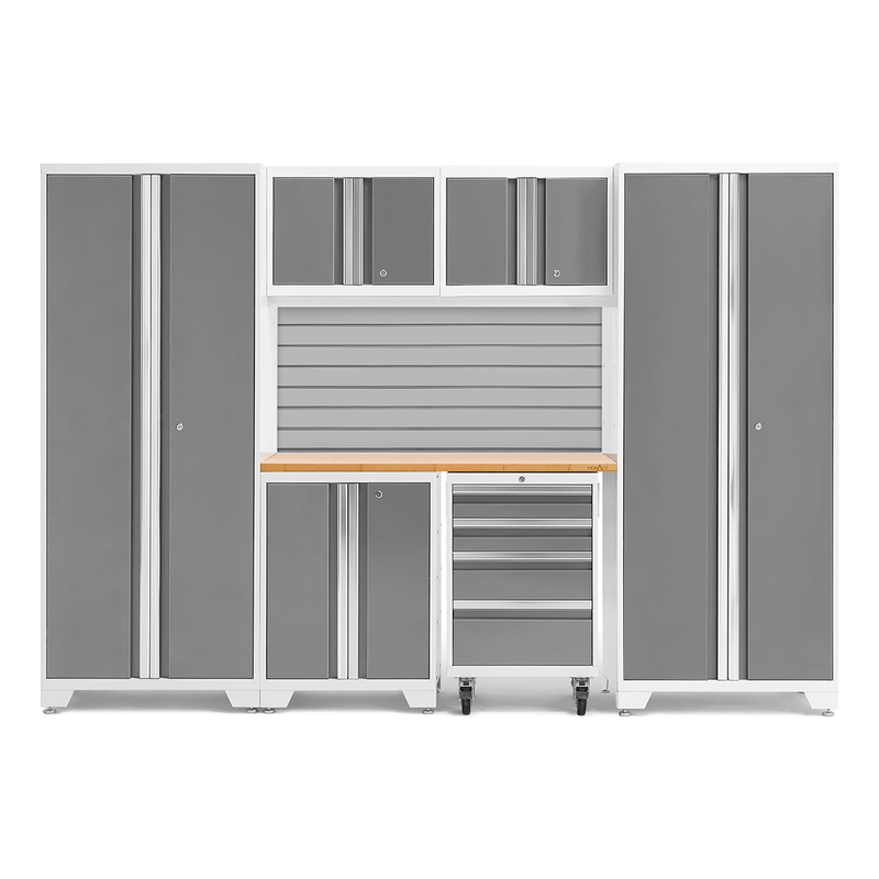 NewAge Products Bold Platinum 7-Piece Garage Storage Cabinet System with Bamboo Worktop and Steel Slatwall Backsplash